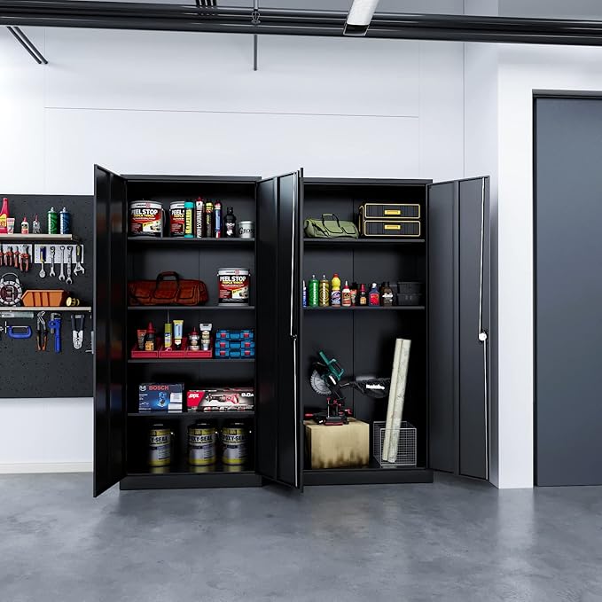 Metal Garage Storage Cabinet, 71" Tool Cabinet with 4 Adjustable Shelves, Metal File Cabinets with Lockable Doors for Garage, Home Office, Gym, School, Utility Room (Black, Assemble Required)
