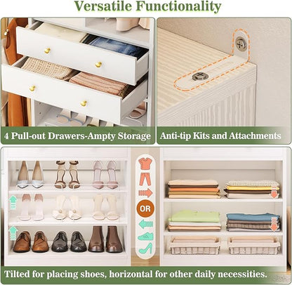 Closet System, Up to 128.6"/10.7 FT Closet Organizer with 4 Wooden Drawers and Shelves, Walk-in Closet System with 6 Hanging Rods, Built-in Closet Can Fit 96"/8FT, 120"/10FT, White