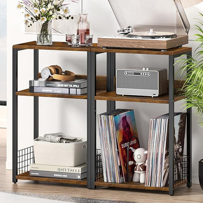 LELELINKY Large Brown Record Player Stand, 3 Tier 18" Wide Big End Table with Vinyl Storage Up to 130 Albums, Industrial Turntable Printer Tables, Modern Side Tables for Living Room, Bedroom, Office