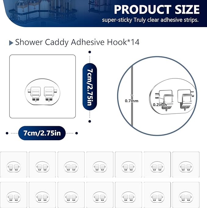 14 Pack Shower Caddy Adhesive Replacement, Waterproof Strong Hooks for Shower Caddy, No Drilling Bathroom Storage Shelves, Soap Holder, and Kitchen Racks (Clear 1 Hooks)
