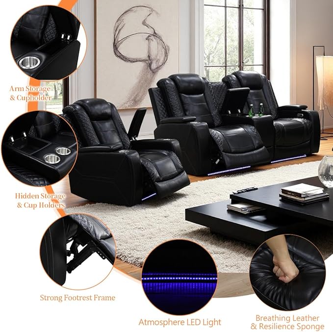 Black Leather Power Recliner Loveseat and 2 Chairs with Arm Storage and Read Light, Theater Seating Leather Living Room Reclining Loveseat with Cup Holders and Smart Charging Pad for Home