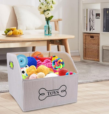 Foldable Dog Toy Basket-Dog Toys Bin-Dog Toy box-Storage Basket with Handle,Organizer Bin for Pet Toys, Blanket, Shelves, Closet-Beige