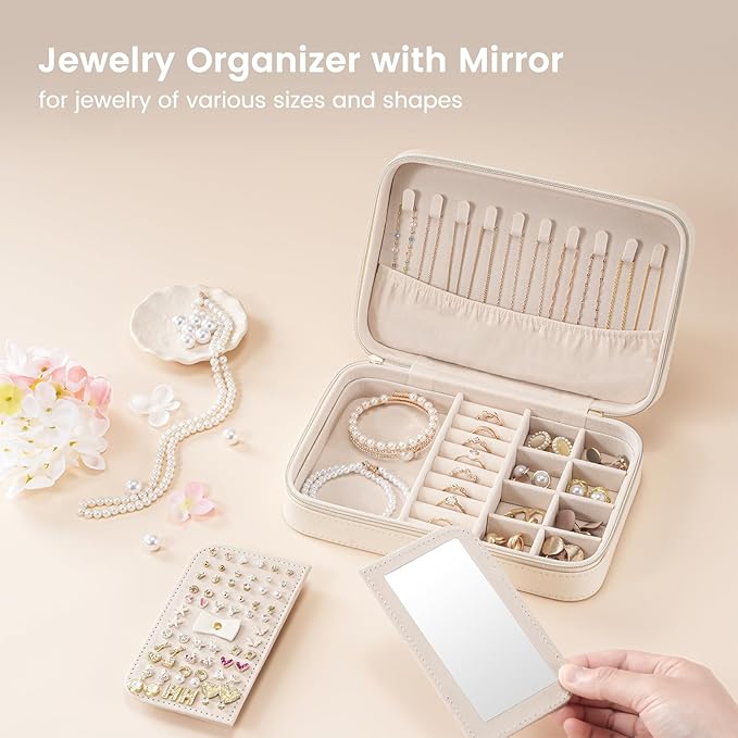 Lolalet Travel Jewelry Case for Women Girls, Travel Jewelry Organizer Box with Mirror & Clear Storage Bag, Small Portable Earring Necklace Bracelet Ring Case, Birthday Valentine Gifts -Medium, White