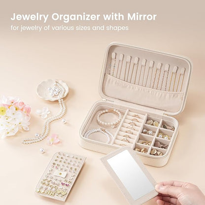 Lolalet Travel Jewelry Case for Women Girls, Travel Jewelry Organizer Box with Mirror & Clear Storage Bag, Small Portable Earring Necklace Bracelet Ring Case, Birthday Valentine Gifts -Medium, White