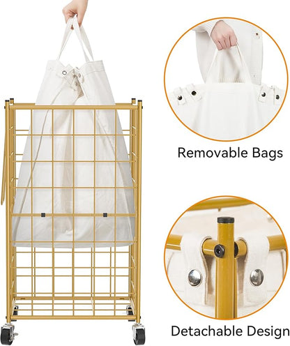 WOWLIVE Laundry Hamper with Wheels,Metal Wire Frame Rolling Laundry Basket with Removable bag,100L Dirty Clothes Hamper Organizer Dorm Room Storage for Bedroom,Bathroom,Golden