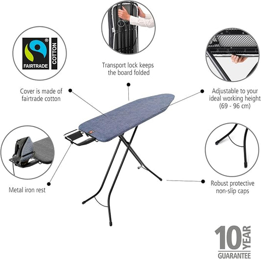 Brabantia Size B Ironing Board (49x15 in) 7 Height Options, Adjustable Steam Iron Rest Holder (Denim Blue) Non-Slip Feet, Anti-Collapse Child Locks