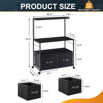 VECELO Large Printer Stand on Brakble Castors, Mobile File Cabinet with 3 Tier Shelf, 2 Drawer Lateral File-Cabinet for Filing Organization, fits Letter Size for Home Office, Black