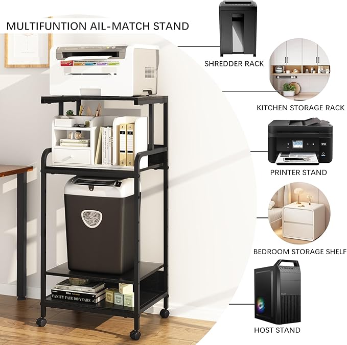 4 Tier Stand with Storage Shelf, Tall Mobile Printer Table for Home Office, Adjustable Stands for Heat Press Scanner Fax (Black)