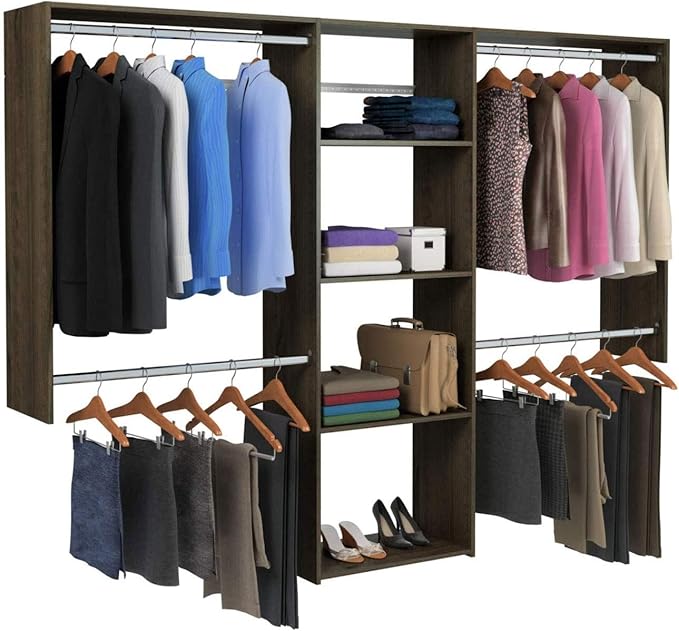 Easy Track OK1460-T Deluxe Starter Closet Storage Wall Mounted Wardrobe Organizer System Kit with Shelves and Rods, Truffle