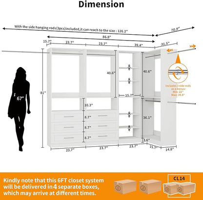 Closet System with 6 Drawers, Corner Closet Organizer Systems with 8 Shelves & 7 Hanging Rods L-Shaped Walk in Closet Freestanding Corner Tower Modular Storage System 3 Sets 2100+ Lbs Capacity White