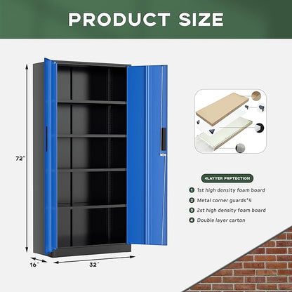 Greenvelly Metal Garage Storage Cabinet, 72" Black Blue Tool Steel Locking Cabinet with Doors and 4 Shelves, Tall Cabinets for Garage Storage Systems Lockable File Cabinet for Home Office,Garage
