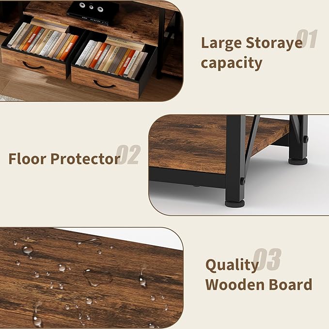 Garvee TV Stand with Fabric Drawers and Power Outlets for 75 70 65 Inch TV, TV Console Table, Entertainment Center with Open Storage Shelves for Living Room, Bedroom, Office, Rustic Brown