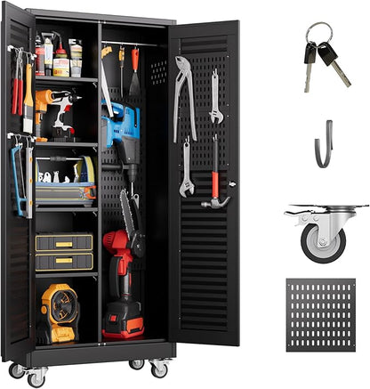 Mop and Broom Closet Storage Cabinet with Wheels and Pegboard,Metal Garage Storage Cabinet with Doors and Adjustable Shelves for Garage Home,Required Assembly,Black