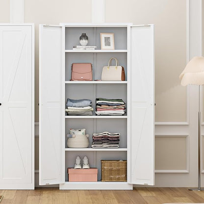 Greenvelly Metal Cabinet, 63" H White Metal Storage Cabinet with Doors and 4 Shelves, Pantry Storage Cabinet for Kitchen, Bedroom, Living Room, Office (Farmhouse)