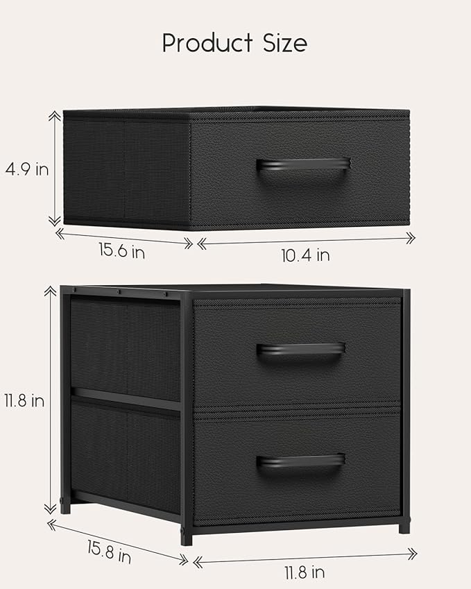 Stackable Storage Drawers - 2 Tier Closet Drawers, Closet Organizer with Metal Handles, Night Stand with Collapsible Bins, Fabric Dresser for Bedroom, Dorm, Office, Black, 2 Pack