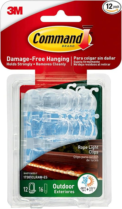 Command Outdoor Rope Light Clips, 12 Hooks and 16 Command Strips, Damage Free Hanging Christmas Decorations with Weather Resistant Strips, Wall Clips for Hanging Outdoor Lights and Cable Management