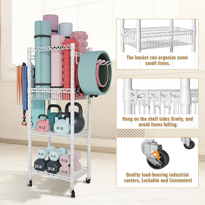 FUTASSI Home Gym Storage, 3 Tiers Workout Equipment Organizer with Wheels for Yoga Mats, Foam Roller, Dumbbells, Kettlebells, and Resistance Bands