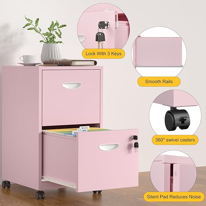2 Drawer File Cabinet with Lock，Pink Rolling File Cabinet for Home Office, Metal Small Mobile Filing Cabinets on Wheels for Hanging Letter