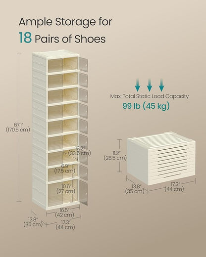 SONGMICS Foldble Shoe Storage Organizer for Closet, Stackable Sneaker Cabinet with Magnetic Door, Large Plastic Container Bins for Living Room, Entryway, 9-Tier for 18 Pairs, Cream White ULSP918WD01
