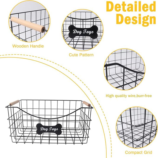 Metal Dog Toy Basket,Indestructible Dog Toy Bin with Wooden Handle,Sturdy Pet Storage Organizer,Ideal for Dog Leash,Blanket,Snacks-15.1 (L) x 10.7 (W) x 7 (H) inches