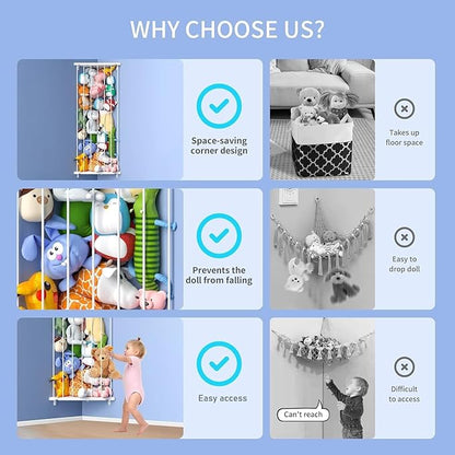 Stuffed Animal Storage Toy Organizer(Patented) - Corner Stuffed Animal Holder Length Adjustable - Stuffed Animal Wall Storage for Nursery Playroom Bedroom Kids Room Decor(White)