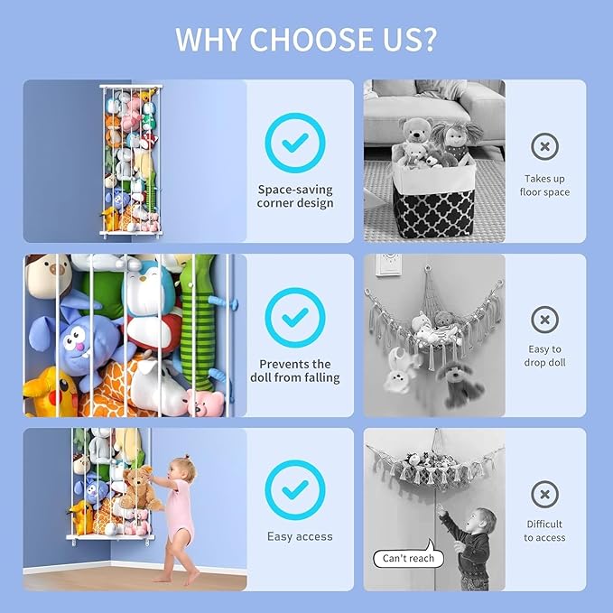 Corner Stuffed Animal Storage Net - Stuffed Animals Holder with Lights - Plush Organizer Hanging Stuffed Animal Hammock for Wall (White)