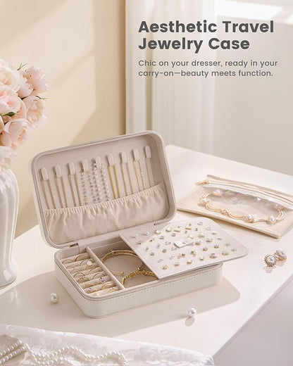 Lolalet Travel Jewelry Case for Women Girls, Travel Jewelry Organizer with Clear Storage Bag Small Portable Jewelry Box for Necklace Bracelet Earring Ring Birthday Bridesmaid Gifts -Large/Beige