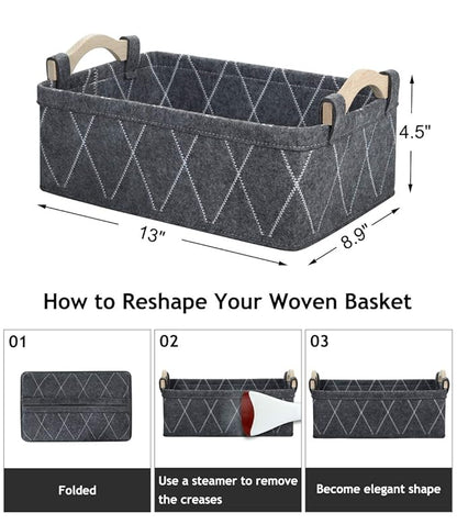 Small Storage Baskets Foldable Rectangle Containers Empty Gift Basket for DVD CD Record Cord Books Video Electronics Items Remote TV Cabinet Organizer with Wooden Handles