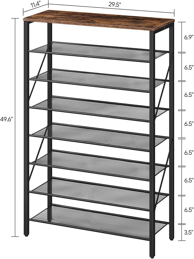 8-Tier Shoe Rack, Large Capacity Shoe Shelf, Shoe Organizer for Entryway, 28-32 Pairs of Shoes, Stable Sturdy, Tall Shoe Rack with Adjustable Metal Mesh Shelves, Rustic Brown SRHR1801Z
