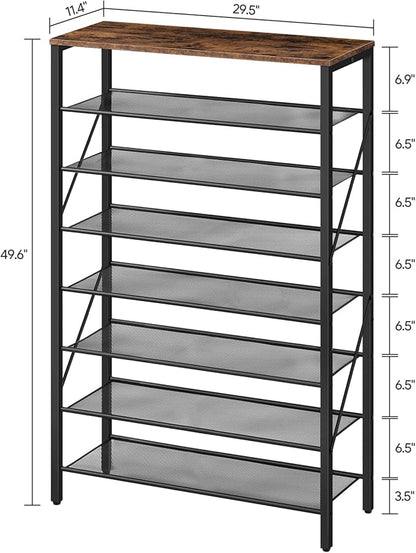 8-Tier Shoe Rack, Large Capacity Shoe Shelf, Shoe Organizer for Entryway, 28-32 Pairs of Shoes, Stable Sturdy, Tall Shoe Rack with Adjustable Metal Mesh Shelves, Rustic Brown SRHR1801Z