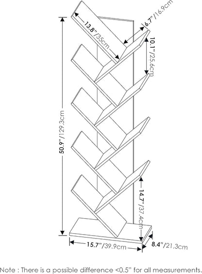 Furinno TREE Book Shelf, 9-Tier Bookshelf, Tree Bookcase with Angled Open Shelf, 8.4" x 15.7" x 50.9", for Room Decor, for Living Room, Bedroom, Home Office, Espresso