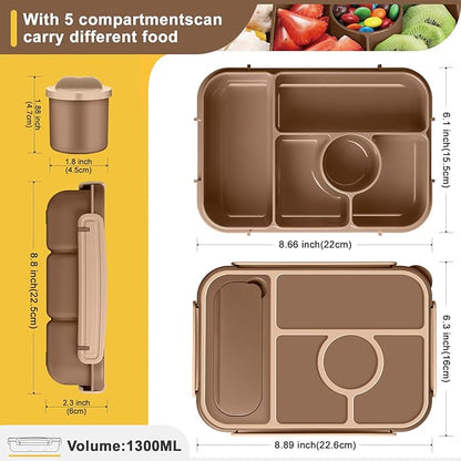 Bento Box Adult Lunch Box Kids,Lunch Containers for Adults/Kids/Toddler,5 Compartments Bento Lunch Box with Sauce Vontainers,Microwave & Dishwasher & Freezer Safe,BPA-Free (Brown)