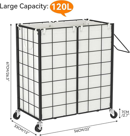WOWLIVE Double Laundry Hamper with Wheels,Metal Wire Frame Rolling Laundry Basket with 2 Removable bags,120L Dirty Clothes Hamper Organizer Dorm Room Storage for Bedroom,Bathroom,Black and White