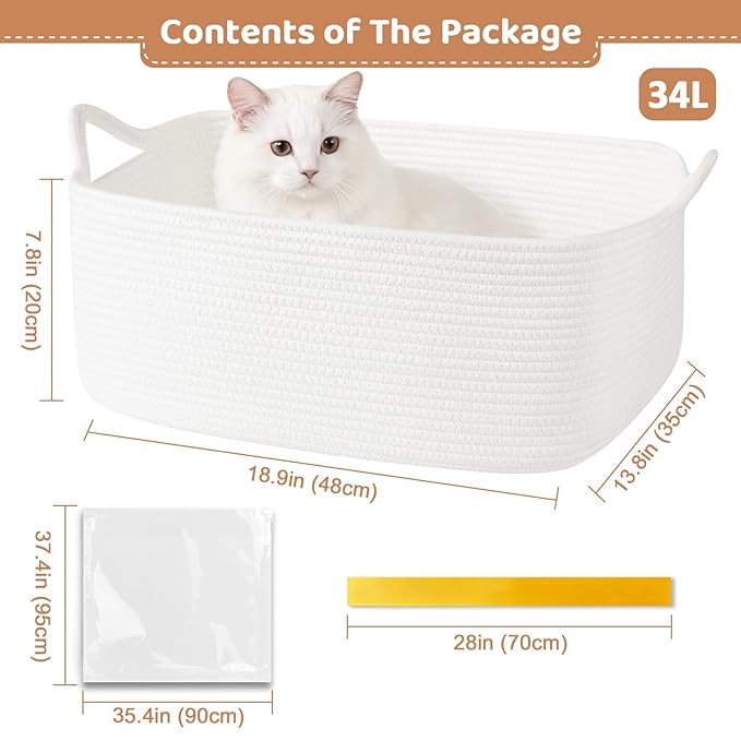 Large Empty Gift Baskets for Baby Shower, 18.9" L x 13.8" W x 7.8" H Cute Woven Storage Basket with Gift Bags and Ribbons, Small Rope Toy Basket with Handles, Cat Dog Pet Toy Organizer - White