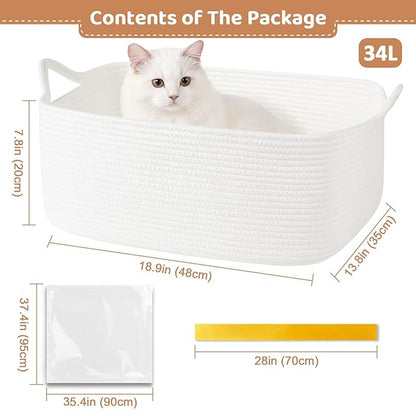 Large Empty Gift Baskets for Baby Shower, 18.9" L x 13.8" W x 7.8" H Cute Woven Storage Basket with Gift Bags and Ribbons, Small Rope Toy Basket with Handles, Cat Dog Pet Toy Organizer - White
