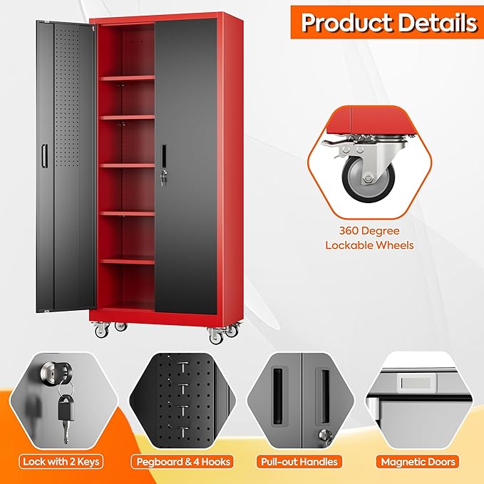 Garage Storage Cabinet with Wheels and Pegboard, 71" H x 32" W x 16" D Lockable Metal Storage Cabinet with 5 Adjustable Shelves and 2 Doors for Garage Home, Assembly Required, Black and Red