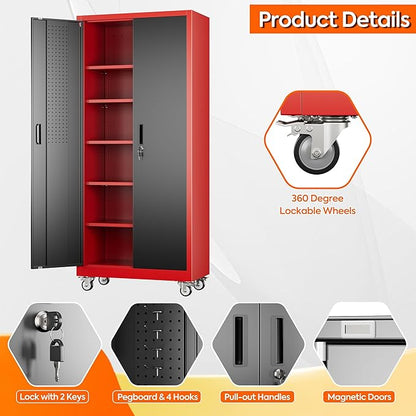 Garage Storage Cabinet with Wheels and Pegboard, 71" H x 32" W x 16" D Lockable Metal Storage Cabinet with 5 Adjustable Shelves and 2 Doors for Garage Home, Assembly Required, Black and Red