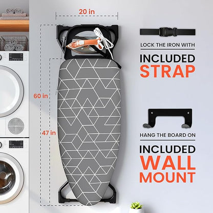 Xabitat Extra Wide Ironing Board 60" X 20" with Wheels & Wall Mount Hanger | Full Metal Iron Board | Built in Iron Caddy | Heat & Scorch Resistant Cover| Heavy Duty | Wide Leg