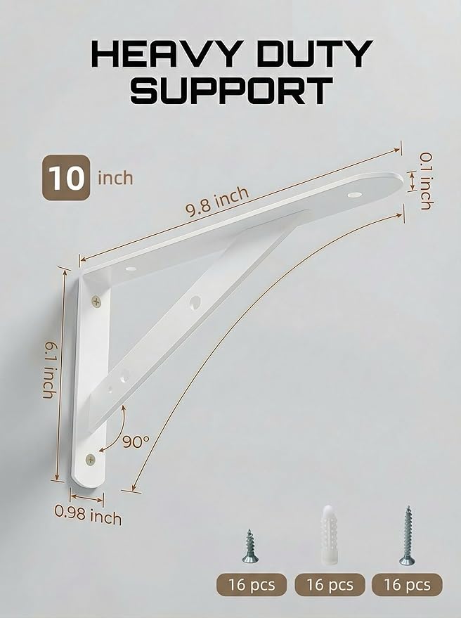 Shelf Brackets Heavy Duty, 8 Pack White 10 inch Floating Shelf Bracket, Max Load 300 lbs of Metal Triangle Decorative Shelf Support Brackets for Wall Mount