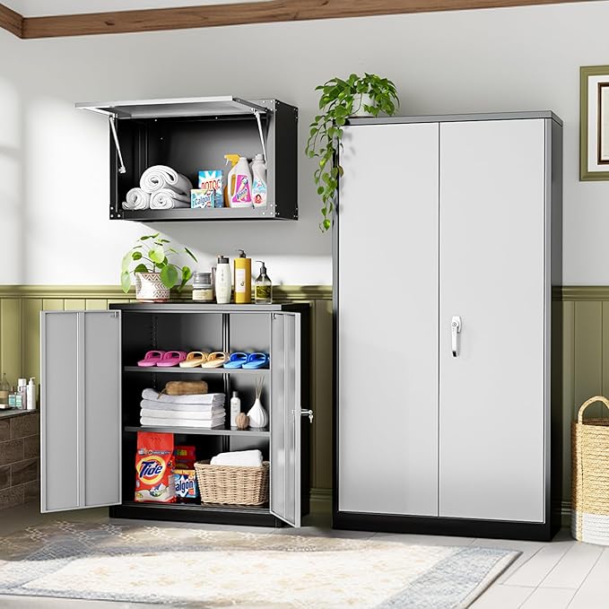 INTERGREAT Metal Storage Cabinet with Doors and Shelves,Lockable Storage Cabinet for Office,36”Black Grey Metal Utility Cabinet Garage Cabinets for Home Office, Garage, Kitchen, Shop