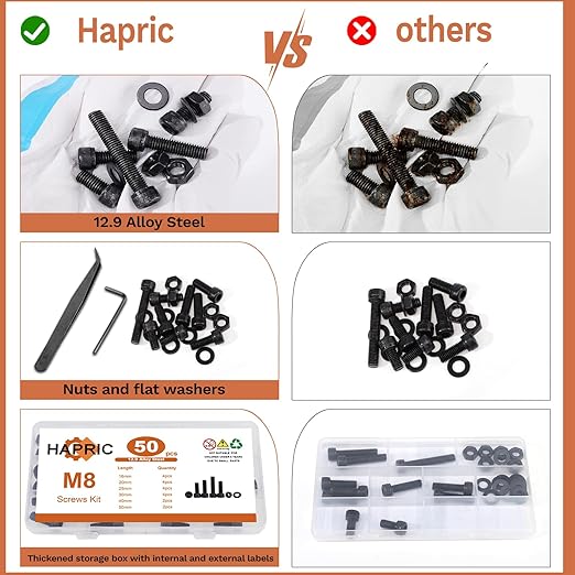 50 Pcs M8 Bolts Kit M8x 16/20/25/30/40/50 mm M8 Screw Kits, 12.9 Alloy Steel Black Zinc Plated Hex Socket Head Screws Nuts Bolts and Washers Set