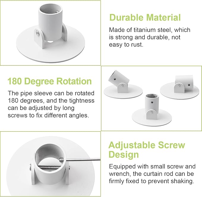Shower Curtain Rod Bracket, 2Pcs 26mm Inner Diameter Titanium Steel Shower Curtain Rod Single Swivel Flange Easy Installation Curtain Rod Wall-Mount Bracket with Screws (White)