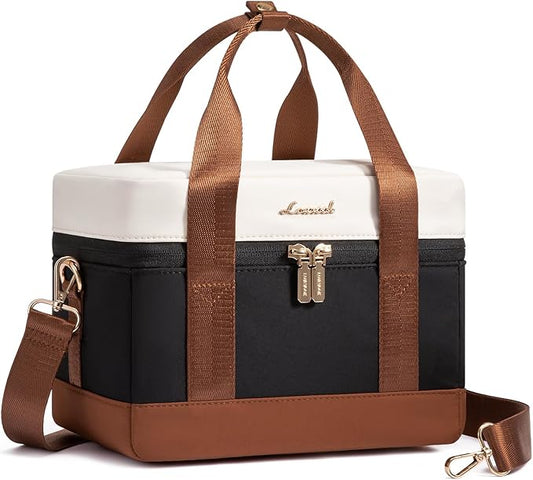 LOVEVOOK Insulated Lunch Box for Women Men, Reusable Lunch Bag with Large Capacity, Leakproof Cooler Lunch Tote for Work, Office, Outdoor Use, Black-beige-brown