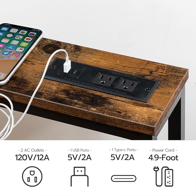 HOOBRO 2 Pack 5.9" Narrow Console Sofa Table with Power Outlets, 47.2" Long Behind Couch Table with Charging Station, Skinny Sofa Table for Living Room, Foyer, Rustic Brown BF15XGP201G1