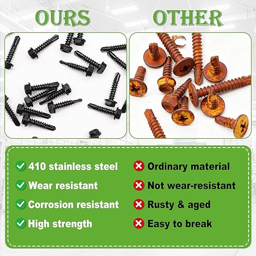 mxuteuk 840PCS #8#10#12#14 Self Tapping Screws for Metal,410 Stainless Steel Self Drilling Screws,Hex Head 1/2" to1-1/2'' Self Tapping Screw for Plastic(420pcs Screw+420pcs Washer)