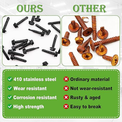 mxuteuk 840PCS #8#10#12#14 Self Tapping Screws for Metal,410 Stainless Steel Self Drilling Screws,Hex Head 1/2" to1-1/2'' Self Tapping Screw for Plastic(420pcs Screw+420pcs Washer)