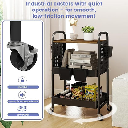 danpinera 3 Tier Rolling Cart, Metal Storage Cart with Wooden Tabletop, Storage Cart with DIY Pegboards & Locked Wheels, Hooks & Hanging Cups for Any Room, Black
