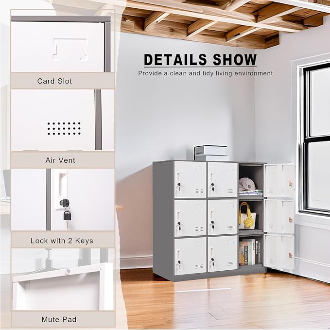 Student Locker Organizer, Multi-Door Steel Locker, Small Locking Cabinet Storage Organizer, Office File Cabinet, Home Locker, Gym Locker, Metal Storage Locker (9 Door, Grey & White)