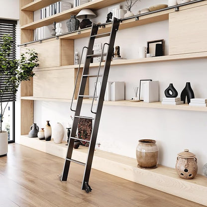 87" Attic Rolling Library Ladder,7 Step Aluminum Ladder with,with 4FT Sliding Hardware Track Kit Bottom Wheel Included&Handrail,Loft Ladder,Wall Stairs Stair Platform Bunkbed Ladder