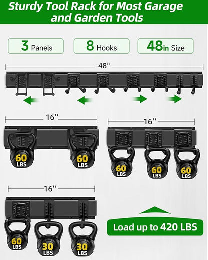 Garden Tool Organizer 48 in with 18 Garage Hooks, Heavy Duty Garage Wall Hooks for Hanging Ladder, Bike, Tool Storage Rack for Yard Tools, Shovel, Shed (23 Pack)